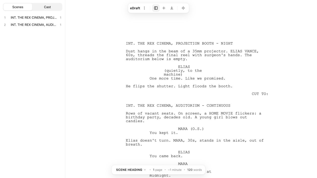 The actual eDraft editor in light appearance, showing The Empty Cinema sample screenplay and scene navigator.